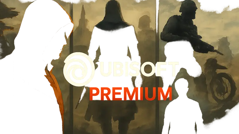 Логотип Ubisoft+ Premium на фоне обложек игр Assassin's Creed Shadow и других хитов от Ubisoft.