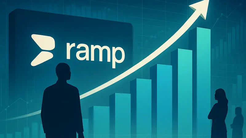 Логотип компании Ramp на фоне диаграмм роста. Инвестиции в цифровые сервисы.