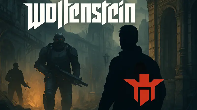 Логотип Wolfenstein на фоне скриншота из игры, рядом логотип MachineGames, символизирующий продолжение серии.