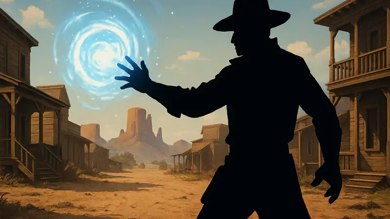 Персонаж из игры Far Far West использует заклинание на фоне Дикого Запада.