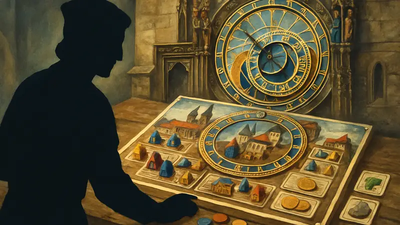 Изображение настольной игры «Орлой: Сердце Старой Праги» с элементами средневековых часов и картами ресурсов.