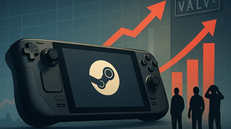 Steam Deck с логотипом Valve на фоне растущего графика цен. Портативная консоль и её подорожание.