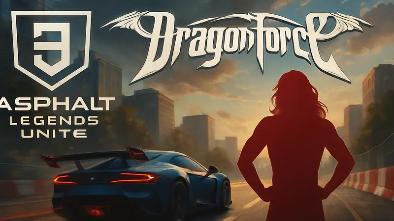 Логотип Asphalt Legends Unite и группы Dragonforce, стилизованные под гоночную тематику.