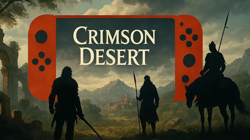 Логотип Crimson Desert на фоне силуэта консоли Nintendo Switch 2, игровая графика.