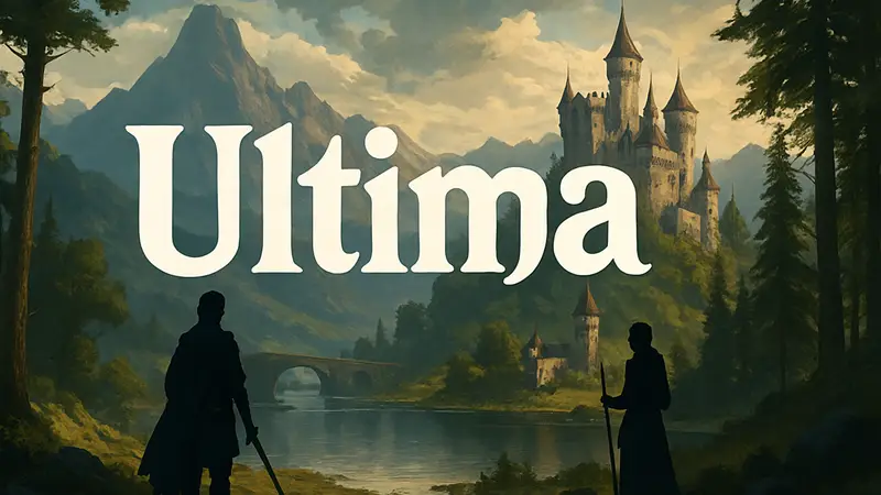 Логотип серии игр Ultima на фоне фэнтезийного пейзажа, символизирующий обновление торговых марок EA.