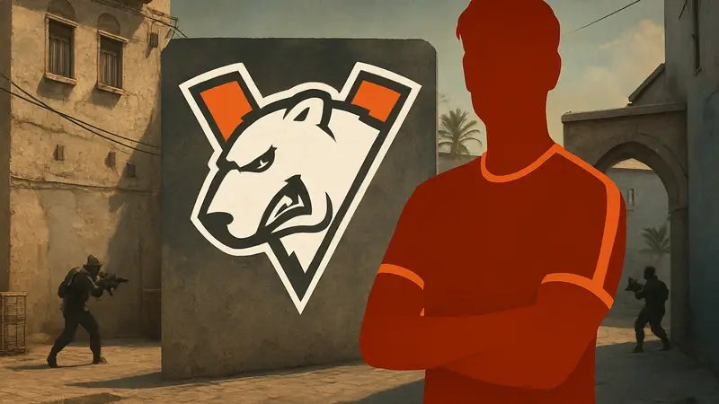 Логотип Virtus.pro на фоне Counter-Strike 2, игрок mir в киберспортивной форме.