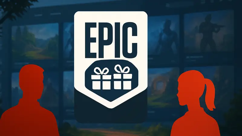 Логотип Epic Games Store с двумя подарками, символизирующими бесплатные игры, на фоне игрового интерфейса.