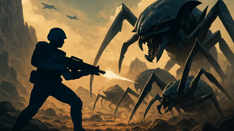 Солдат из Starship Troopers сражается с инопланетными жуками в ретро-стиле.