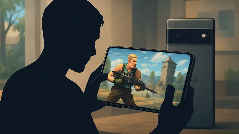 Смартфон Google Pixel с запущенной игрой, на экране заметны лаги и низкий FPS, символизирующий проблемы с производительностью.