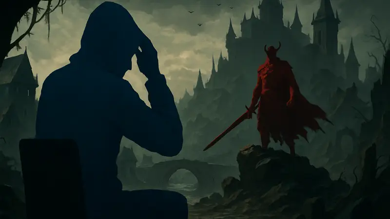 Изображение игрока, осознающего свою роль злодея в мрачном фэнтезийном мире. Сюжетный поворот.