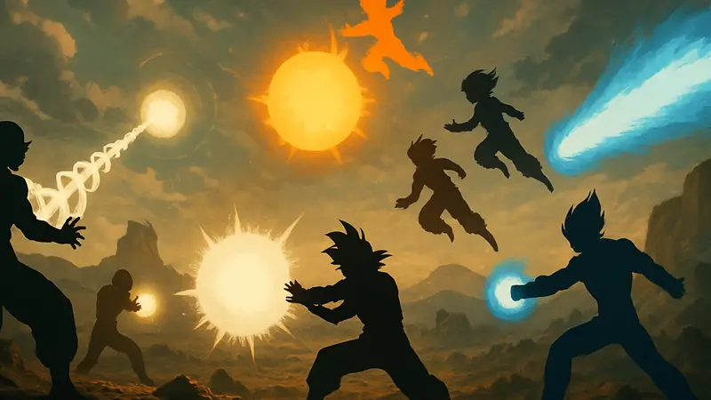 Изображение различных персонажей Dragon Ball, использующих мощные энергетические атаки.