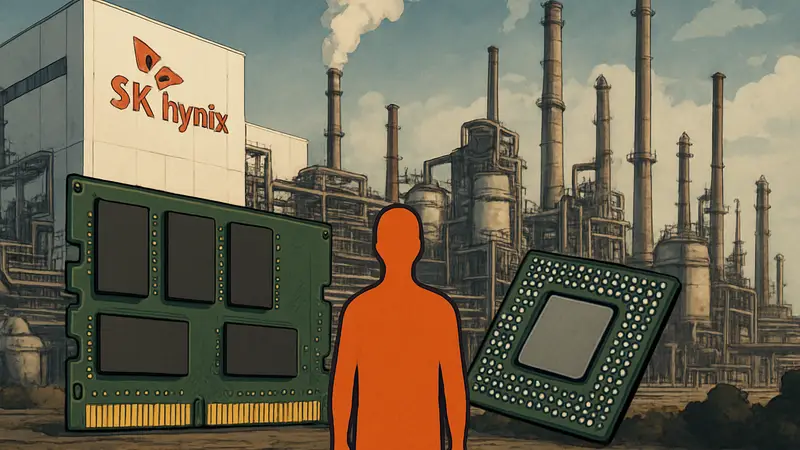 Промышленный пейзаж завода SK Hynix с чипами памяти и полупроводниками.
