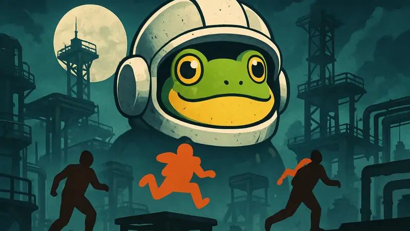 Логотип игры Frog Sqwad, лягушка в шлеме, экстракшен-платформер