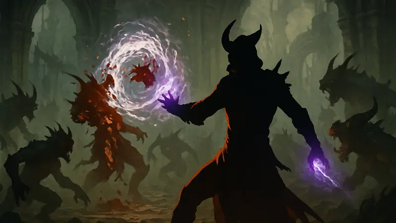 Колдун из Diablo 4: Lord of Hatred в битве с демонами, использует билд «Мясорубка».