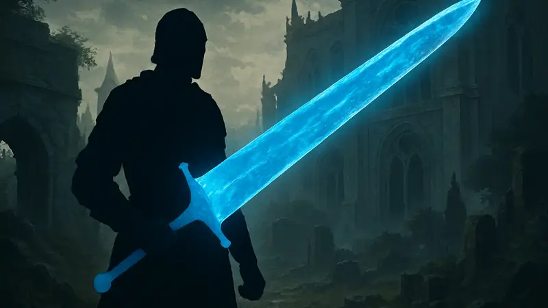 Игровой персонаж держит светящийся синим Moonlight Greatsword