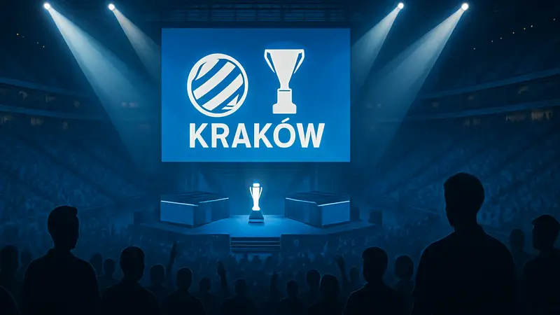 Логотип IEM Kraków 2026 на киберспортивной арене, прожекторы освещают сцену