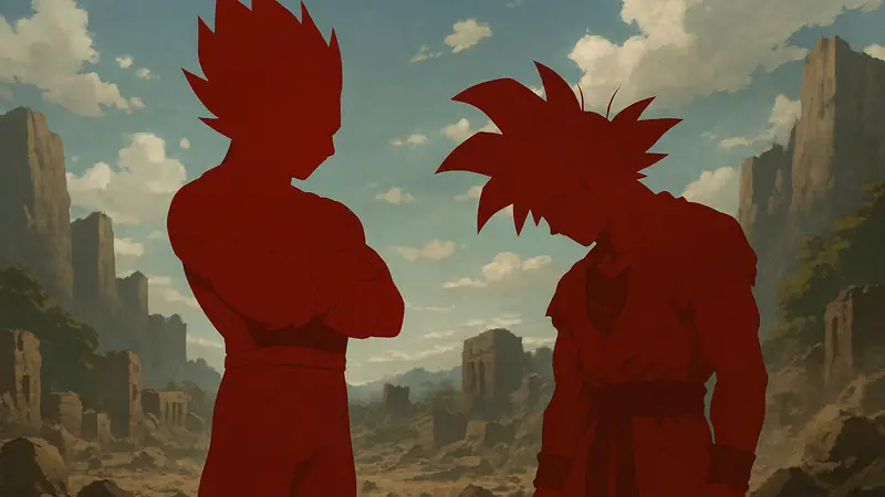 Веджета и Гоку из Dragon Ball Super в эпической позе, возможно, после напряженной битвы.