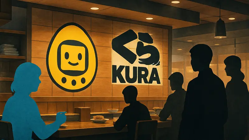 Логотип Тамагочи и Kura Sushi, символизирующий новую коллаборацию.