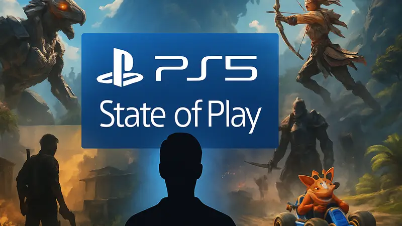 Логотип PlayStation 5 State of Play на фоне игровых кадров.