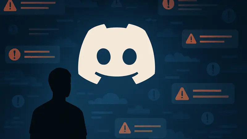 Изображение логотипа Discord на фоне ошибок подключения, символизирующее сбой сервиса.