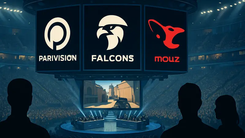 Логотипы киберспортивных команд PARIVISION, Falcons и MOUZ на фоне арены CS Asia Championships.