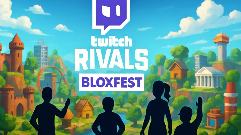 Логотип Twitch Rivals Bloxfest на фоне игрового мира Roblox