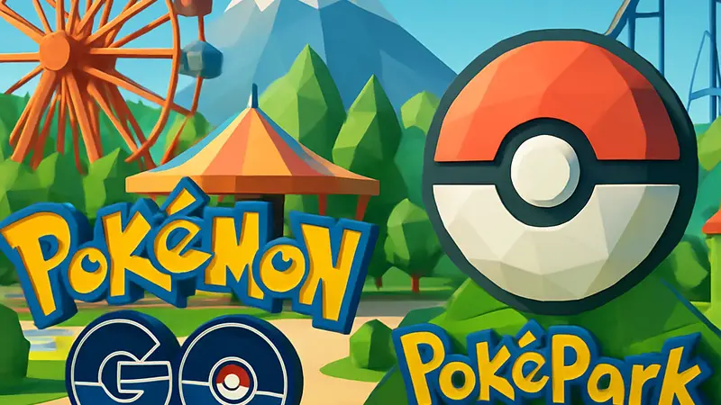 Логотип Pokemon Go и PokePark Kanto на фоне тематического парка Yomiuriland.