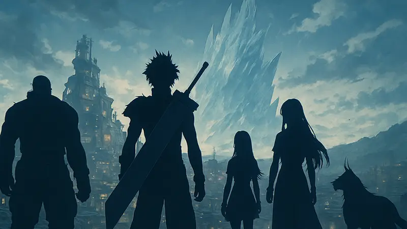 Ключевой арт или логотип Final Fantasy 7 Revelation, персонажи франшизы.
