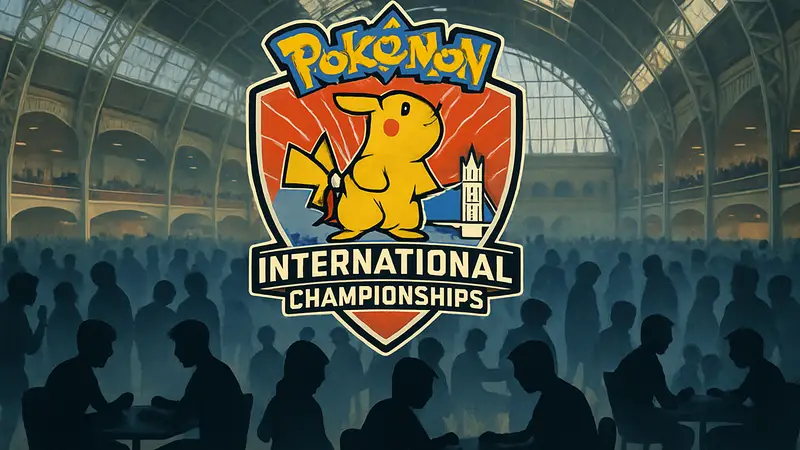 Логотип Pokémon Europe International Championships на фоне зала с игроками и болельщиками в Лондоне.