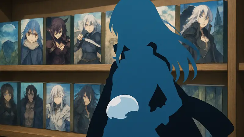 Изображение Рюмуру из манги "О моём перерождении в слизь" на фоне книжных томов TenSura.