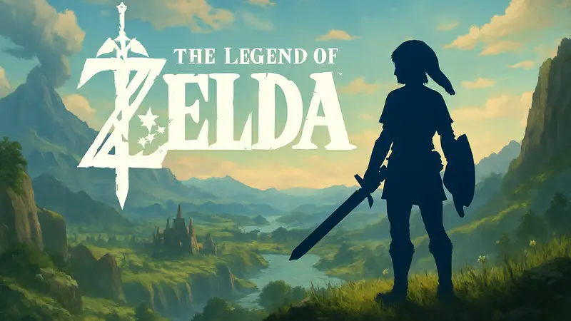 Логотип фильма The Legend of Zelda на фоне живописного мира Хайрула.