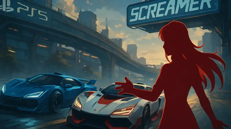 Обложка гоночной игры Screamer с футуристическими машинами и элементами аниме на PlayStation 5.