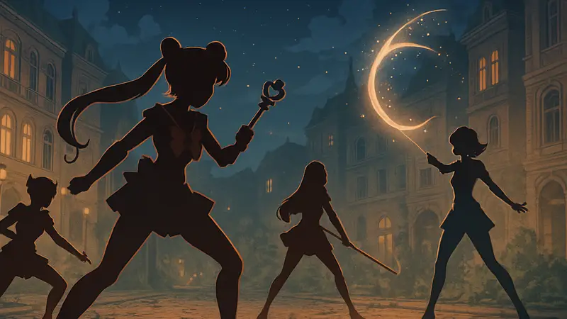 Персонажи Astrae Oratio в стиле Sailor Moon и Persona, магические девочки в бою.
