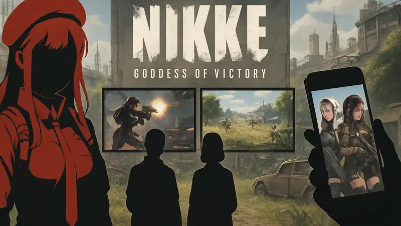 Персонажи Goddess of Victory: Nikke, логотип игры, кадры из геймплейного трейлера, мобильная gacha-игра.