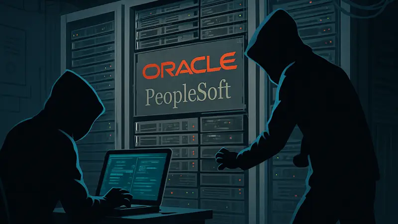 Иллюстрация взлома данных: хакеры атакуют серверы Oracle PeopleSoft. Кибербезопасность.