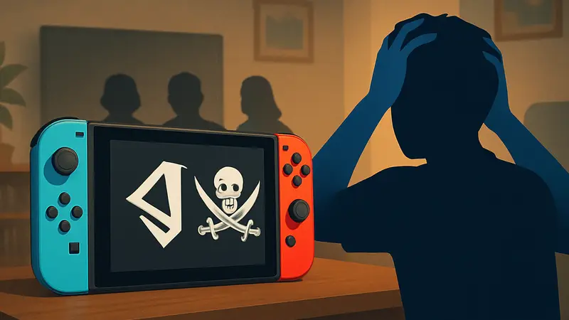 Консоль Nintendo Switch с логотипом Hekate или символами пиратства