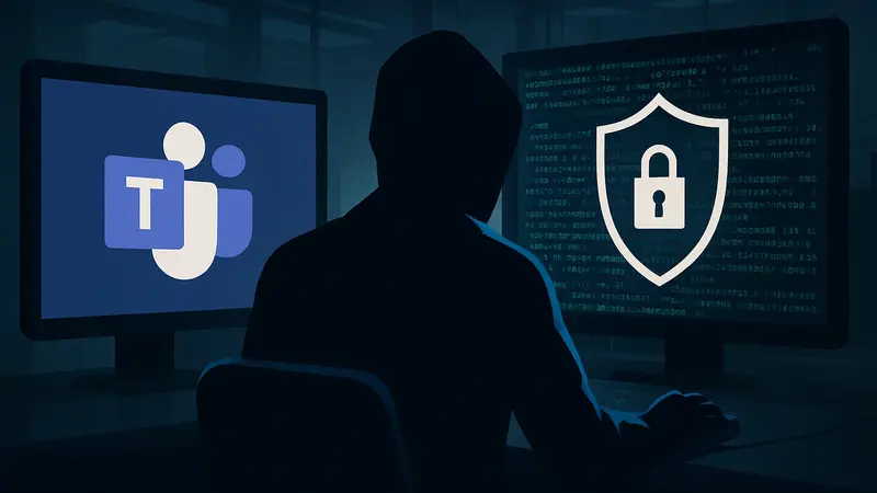 Логотип Microsoft Teams, хакерский код на экране, символ кибербезопасности.