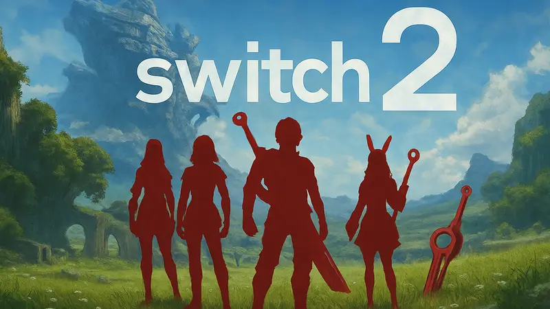 Персонажи Xenoblade Chronicles Definitive Edition на фоне логотипа Switch 2