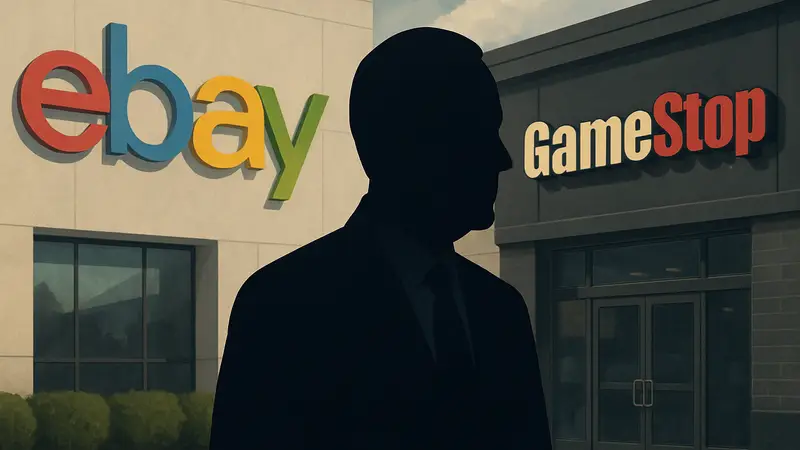 Гендиректор GameStop Джордж Шерман на фоне логотипов eBay и GameStop