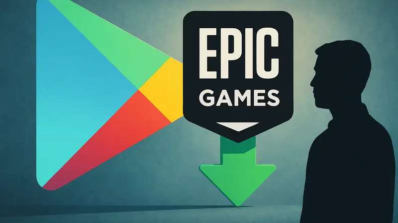 Логотип Google Play Store на фоне иконки Epic Games, демонстрирующий снижение комиссий