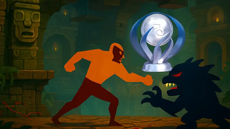 Скриншот из игры Guacamelee! 2, демонстрирующий главного героя в бою, с платиновым трофеем PlayStation на экране.