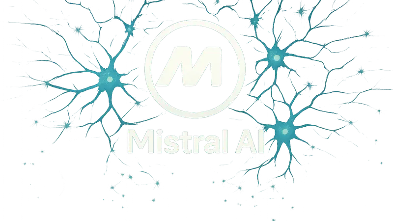 Логотип Mistral AI на фоне нейронной сети, символизирующей искусственный интеллект и инвестиции в стартапы.