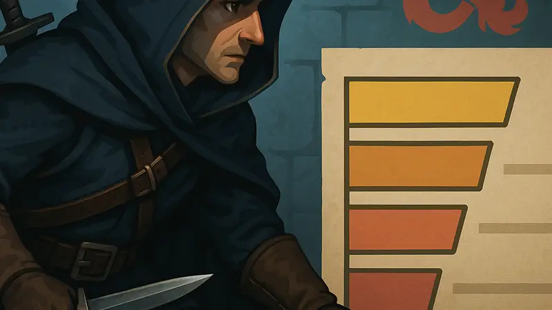 Плут Dungeons & Dragons в скрытной позе, сбоку таблица с рейтингом подклассов.