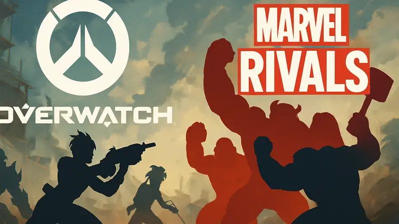 Логотипы Overwatch и Marvel Rivals на фоне соревнующихся персонажей.