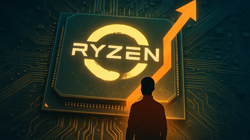 Логотип AMD Ryzen на фоне микросхемы процесс ора, символизирующий рост