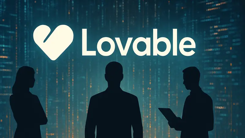 Логотип стартапа Lovable на фоне абстрактного кода, символизирующий технологические поглощения