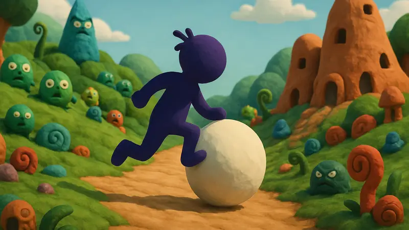 Персонаж из Clay Jam, сделанный из пластилина, катится по игровому миру