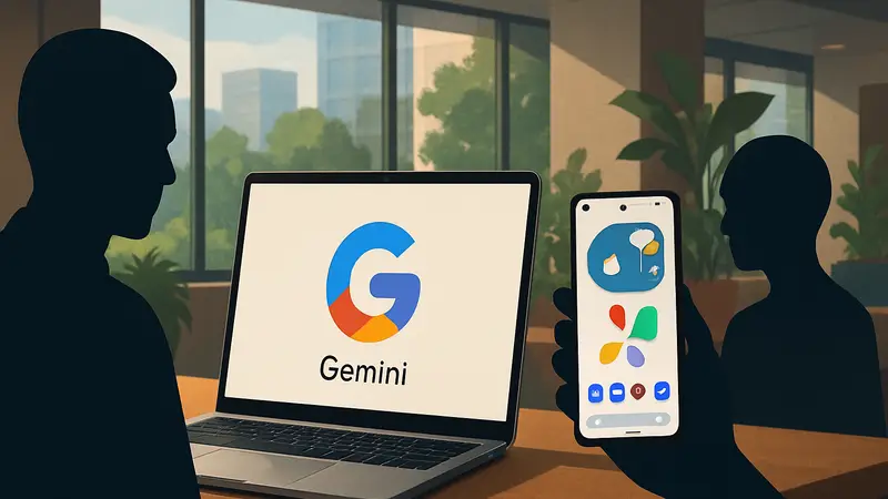 Ноутбук Googlebooks с AI-интерфейсом Gemini и новые виджеты Android 17 на экране смартфона.