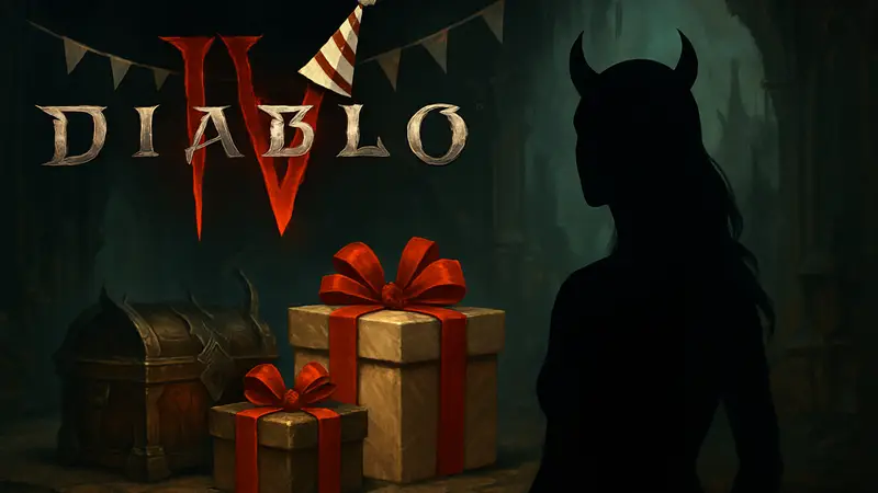 Логотип Diablo 4 с праздничной символикой, сундуки с подарками на фоне