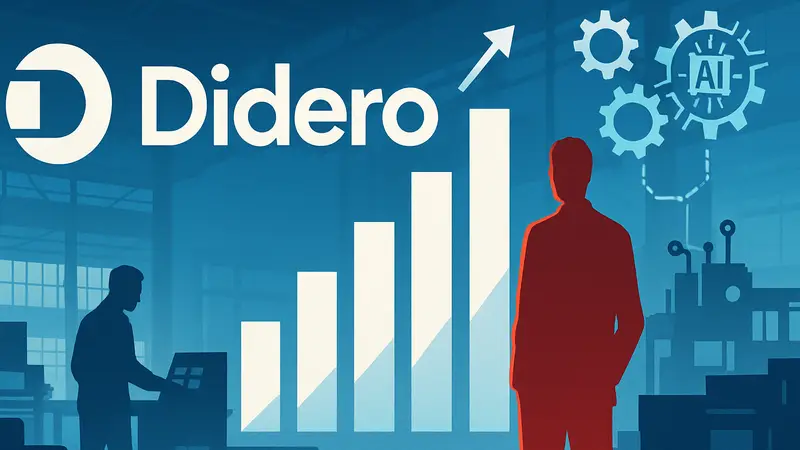 Логотип Didero с графиками роста и символами ИИ, показывающими автоматизацию закупок в производстве